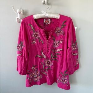 Johnny Was Pink Floral Embroidered Top